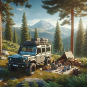 "Ilustración de un vehículo 4x4 camper listo para la aventura, equipado para terrenos difíciles y rodeado de naturaleza salvaje."