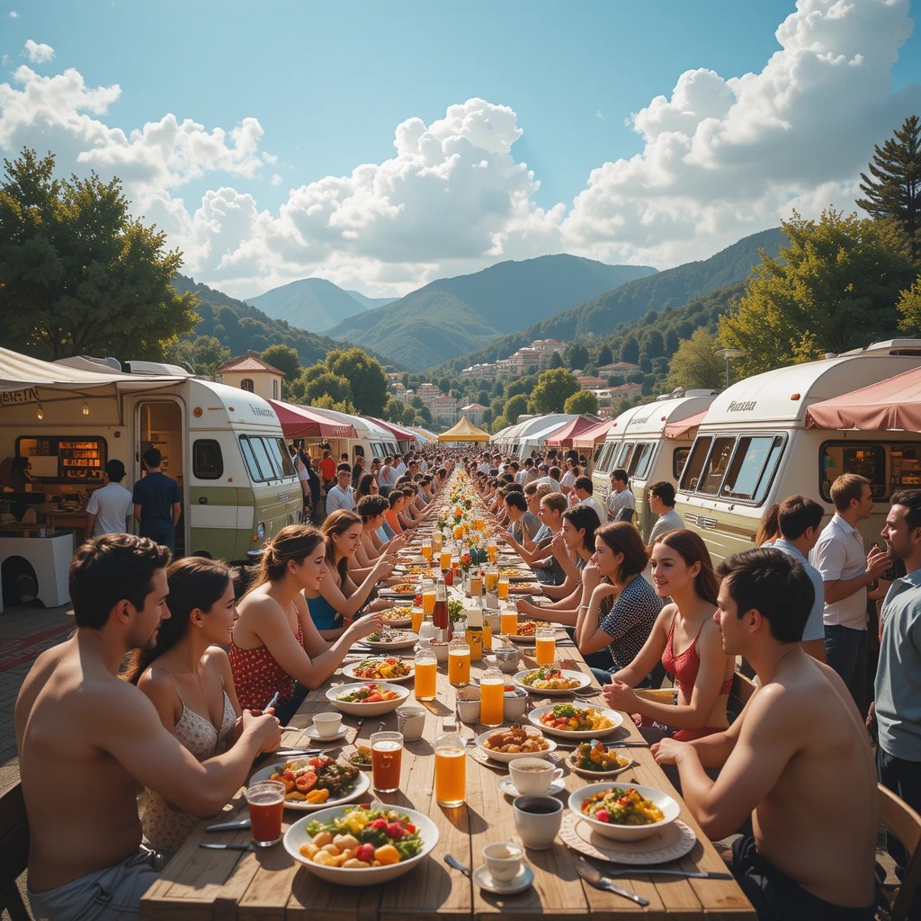 Personas disfrutando de una comida comunitaria al aire libre con furgonetas camper de fondo en un entorno natural.