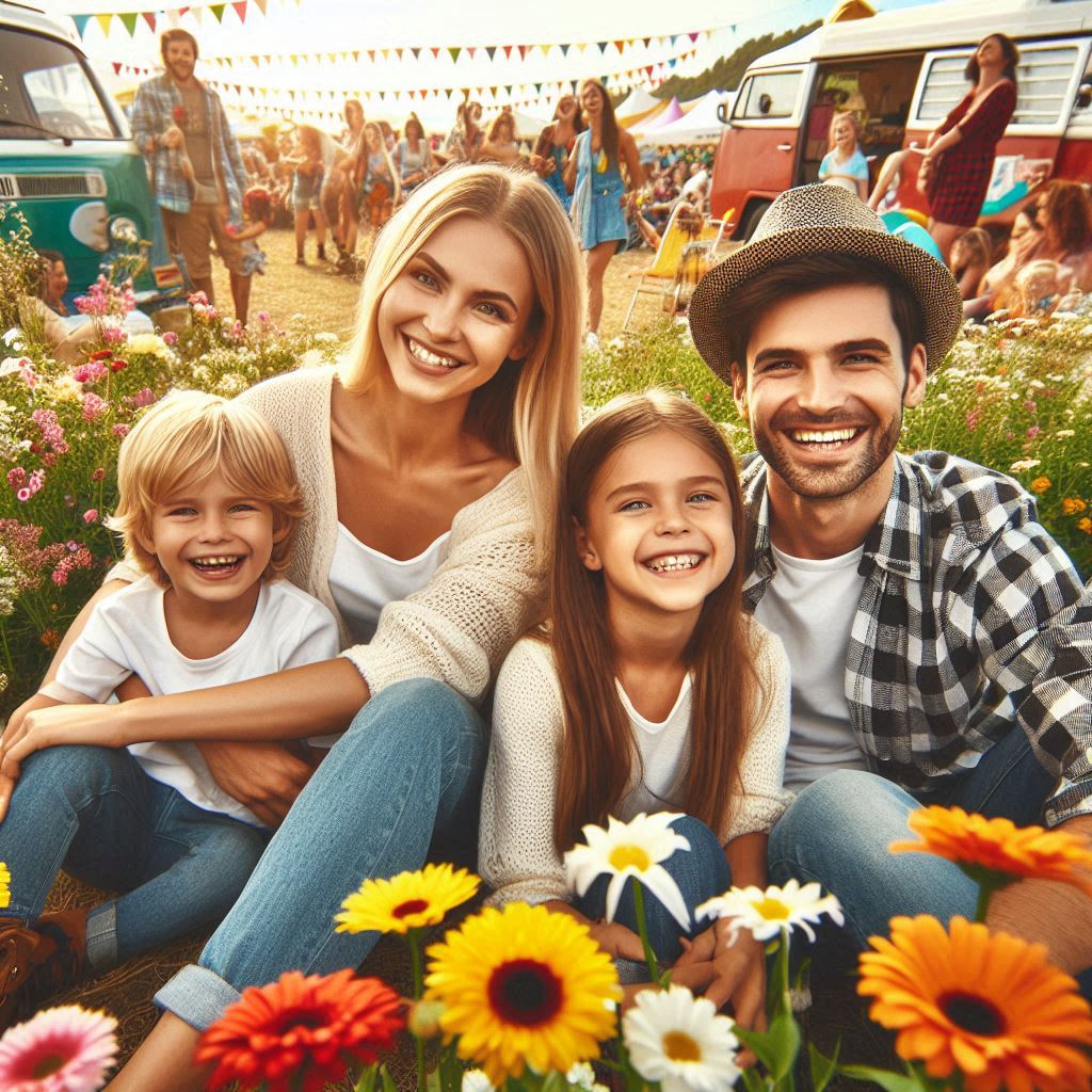 "Familia sentada en el césped en un festival al aire libre con flores y furgonetas vintage de fondo."