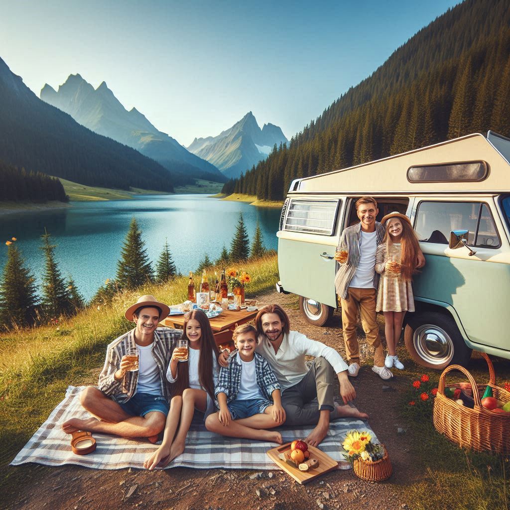 Seis personas disfrutando de un picnic al aire libre junto a una furgoneta de estilo retro, con un lago y montañas al fondo. Las personas están sentadas y de pie alrededor de una manta y una mesa de picnic, con comida y bebidas dispuestas. La escena destaca la convivencia en un entorno natural hermoso, resaltando la conexión con la naturaleza.