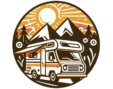 "Logo de 'Rutas en Camper': ilustración de una autocaravana en primer plano con montañas, árboles y un sol radiante de fondo, en un diseño vintage y minimalista dentro de un marco circular."