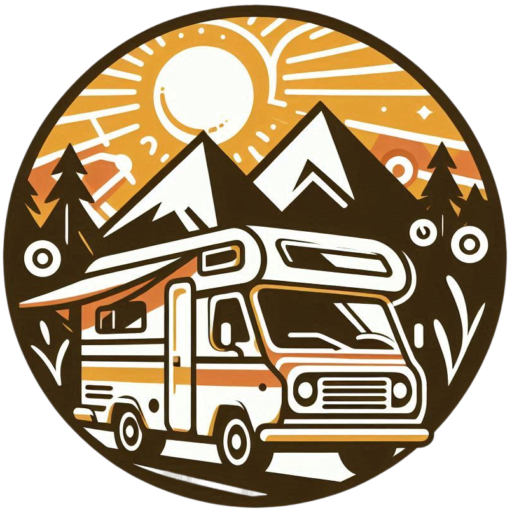 "Logo de 'Rutas en Camper': ilustración de una autocaravana en primer plano con montañas, árboles y un sol radiante de fondo, en un diseño vintage y minimalista dentro de un marco circular."