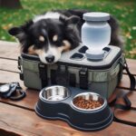 Comedero y bebedero portátil para perro junto a una camper en ruta. Viajar en camper con perro