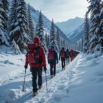 Senderistas caminando con raquetas de nieve en Aigüestortes durante el invierno