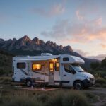 pareja disfrutando de una ruta en camper por España campervan aparcada frente a un acantilado español familia viajando en camper por el norte de España Furgoneta camper frente a las montañas al atardecer. Consejos para disfrutar del Parque Nacional. Furgoneta camper frente a las montañas al atardecer