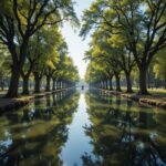 Zona tranquila con árboles altos reflejados en el agua. rutas en camper