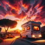Autocaravana aparcada en un área de pernocta segura en España al atardecer. rutas en camper