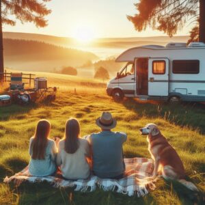 "El escenario muestra un tranquilo atardecer al aire libre, donde tres personas están sentadas en un campo de hierba sobre una manta, mirando hacia el paisaje. Les acompaña un perro y hay una furgoneta camper estacionada cerca. Se ven accesorios de camping como sillas y una mesa, lo que sugiere que están en un viaje de camping. El sol se pone sobre un paisaje pintoresco de colinas y árboles, creando una atmósfera cálida y apacible."