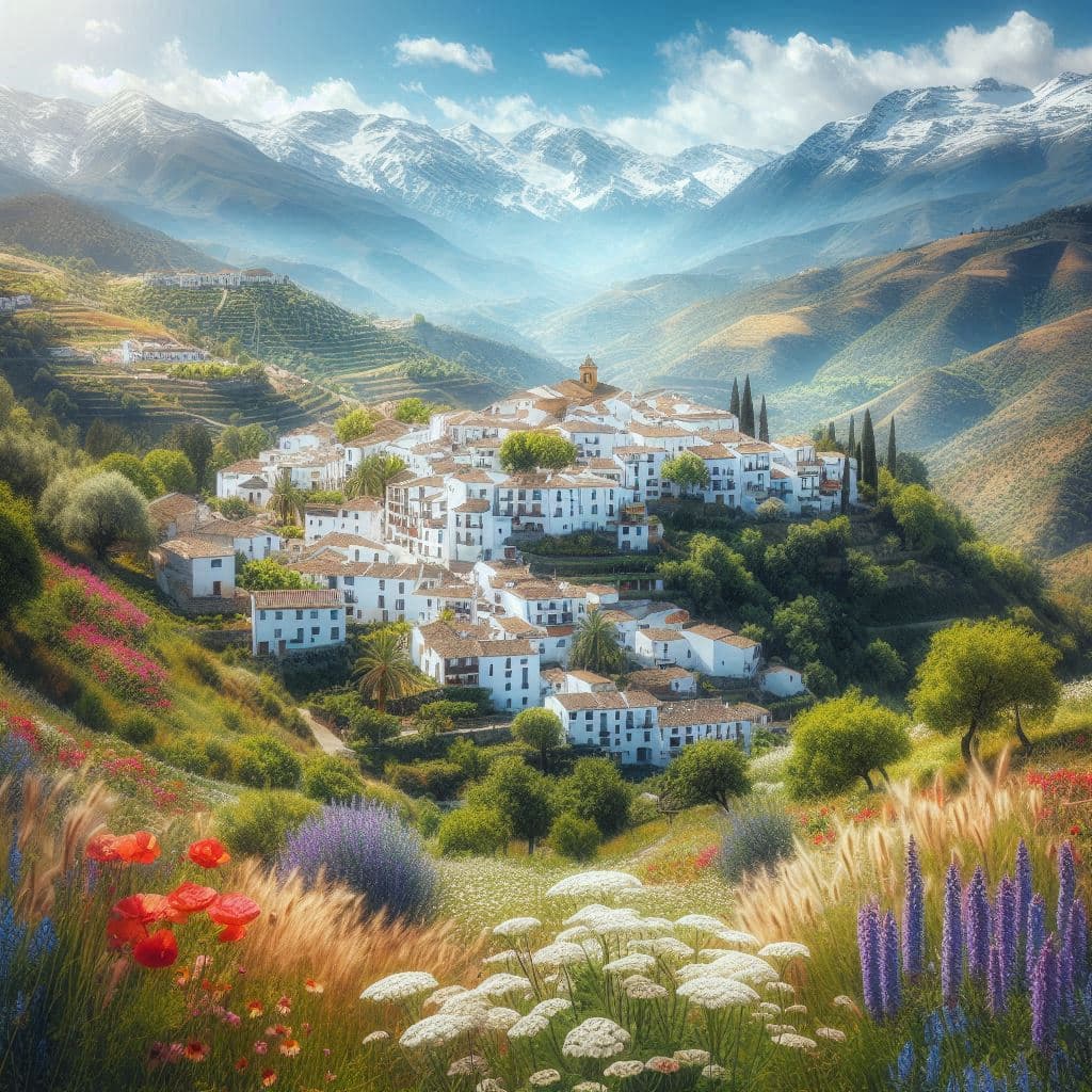 "Paisaje rural en la Alpujarra Granadina, con montañas suaves, casas blancas características y vegetación exuberante bajo un cielo azul claro. Una representación de la tranquilidad y belleza natural de la región."