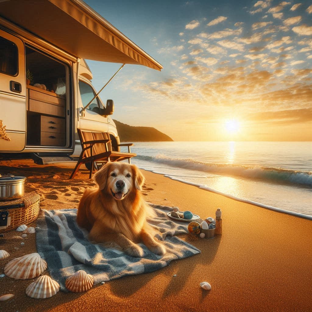 "Camper estacionada al amanecer junto a la playa, con un perro disfrutando de la vista al océano y los cálidos tonos dorados del cielo. Una escena tranquila que evoca aventura y conexión con la naturaleza."Viajar en camper con perro