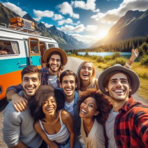 pareja disfrutando de una ruta en camper por España campervan aparcada frente a un acantilado español familia viajando en camper por el norte de España en camper por la costa española "Amigos viajando en camper"
