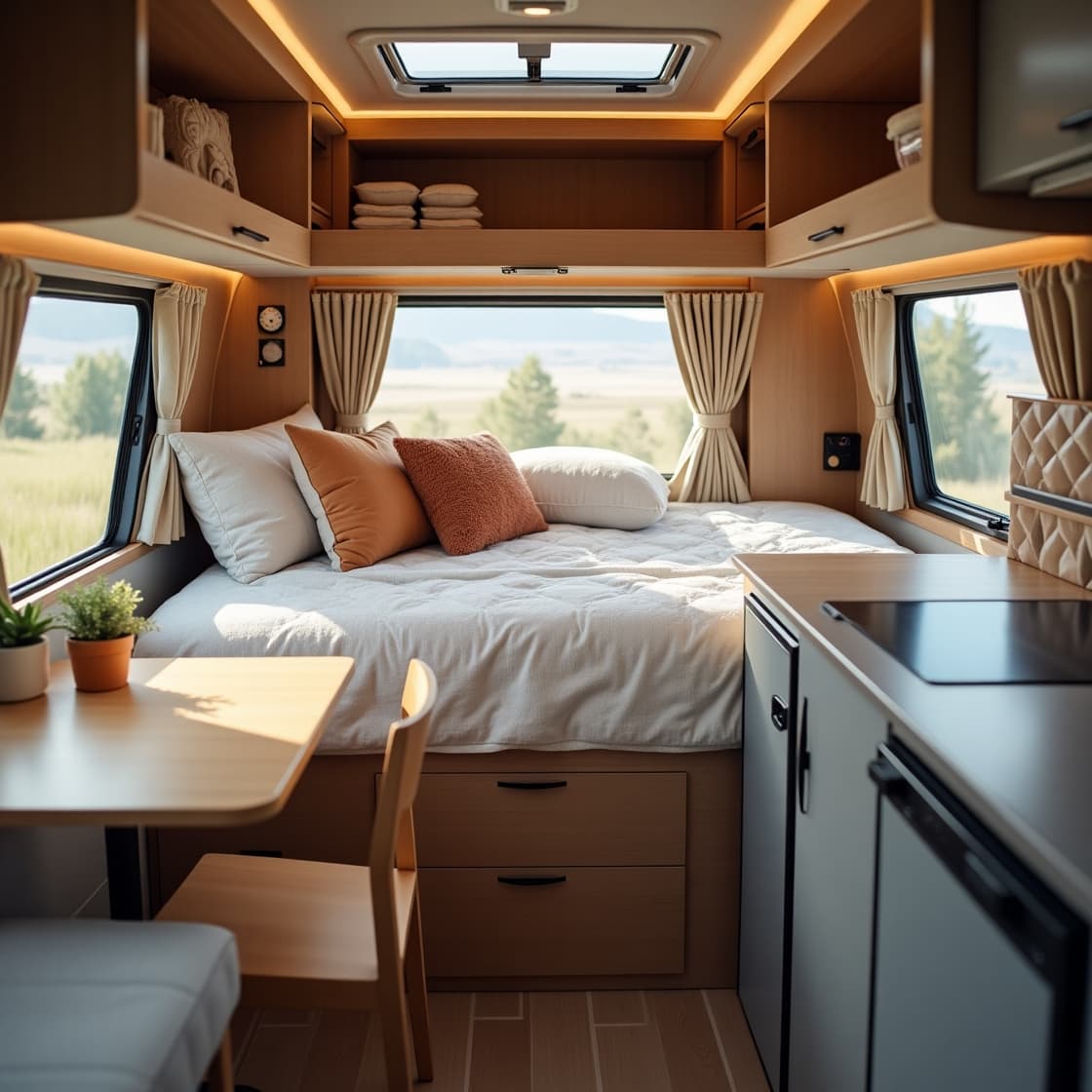 pareja disfrutando de una ruta en camper por España campervan aparcada frente a un acantilado español familia viajando en camper por el norte de España "Interior de una camper cómoda y bien equipada"