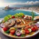 “Rodaballo a la brasa servido en restaurante con vistas en Getaria”